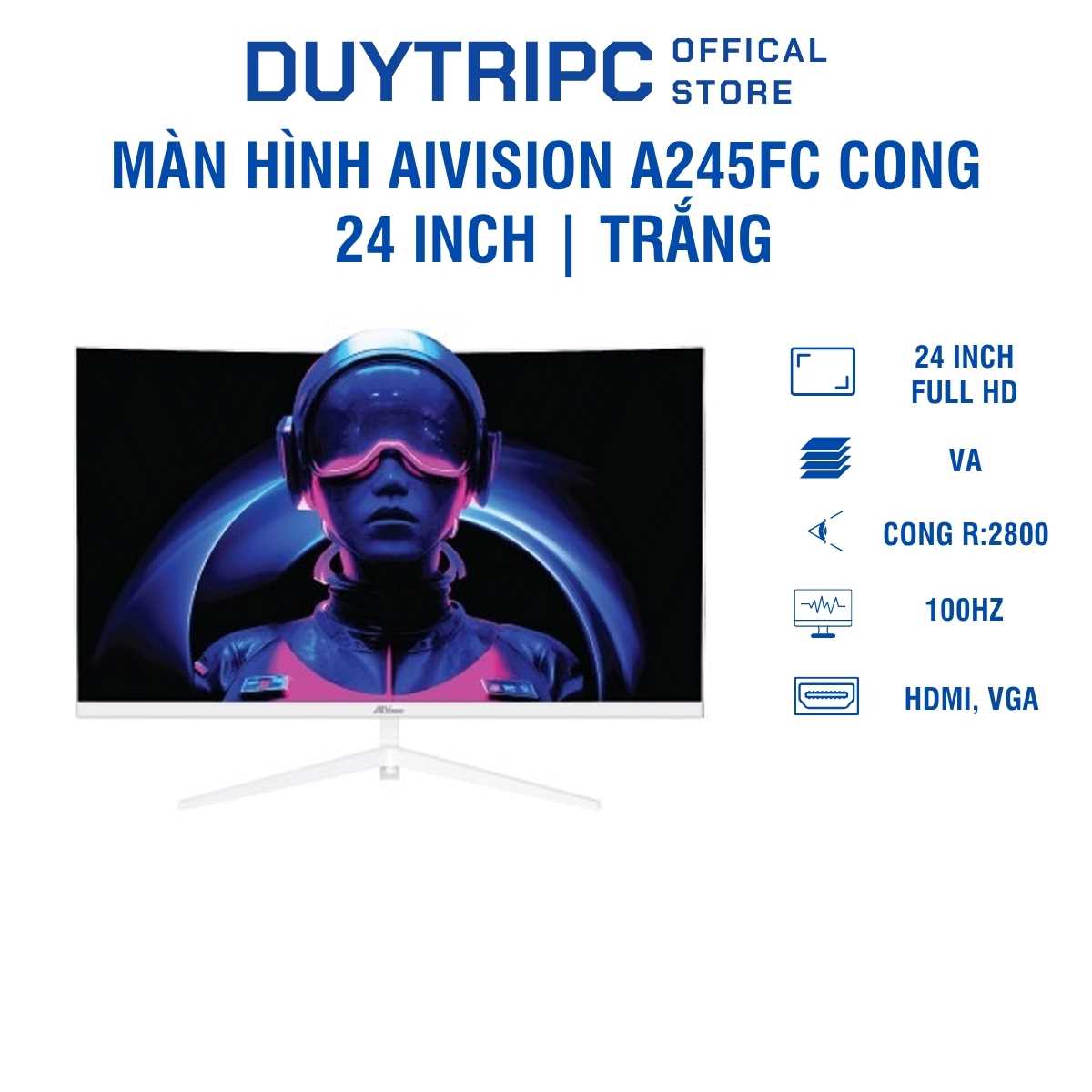 Màn Hình Aivision A245FC Cong 24 Inch Trắng | 100Hz | Full HD | Gaming & Văn Phòng Hiện Đại